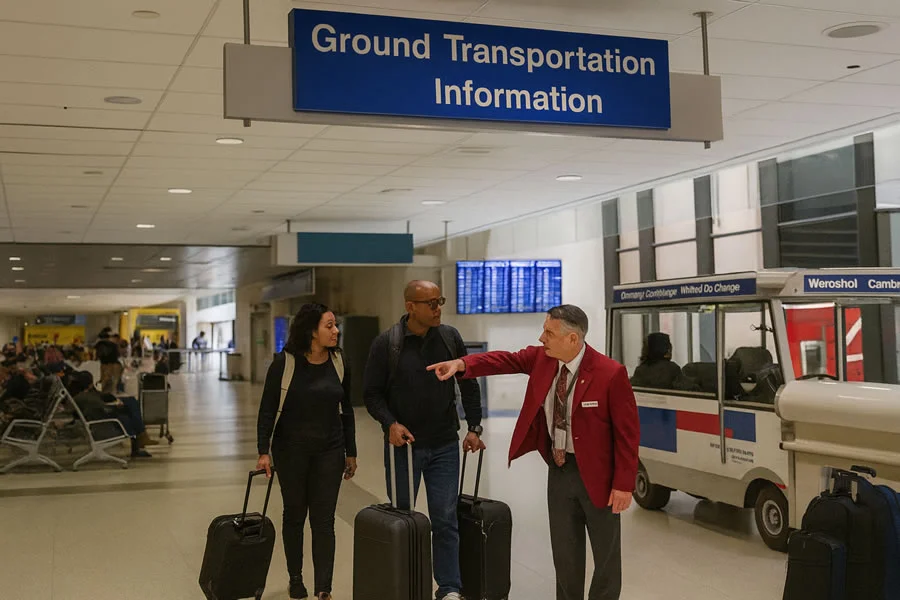 Airport volunteer assisting travelers with luggage near ground transportation information at Fort Lauderdale Airport.