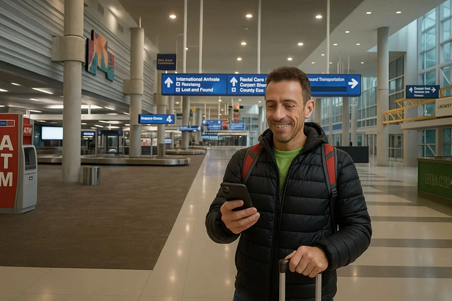 Man in airport terminal checking his smartphone while holding a suitcase