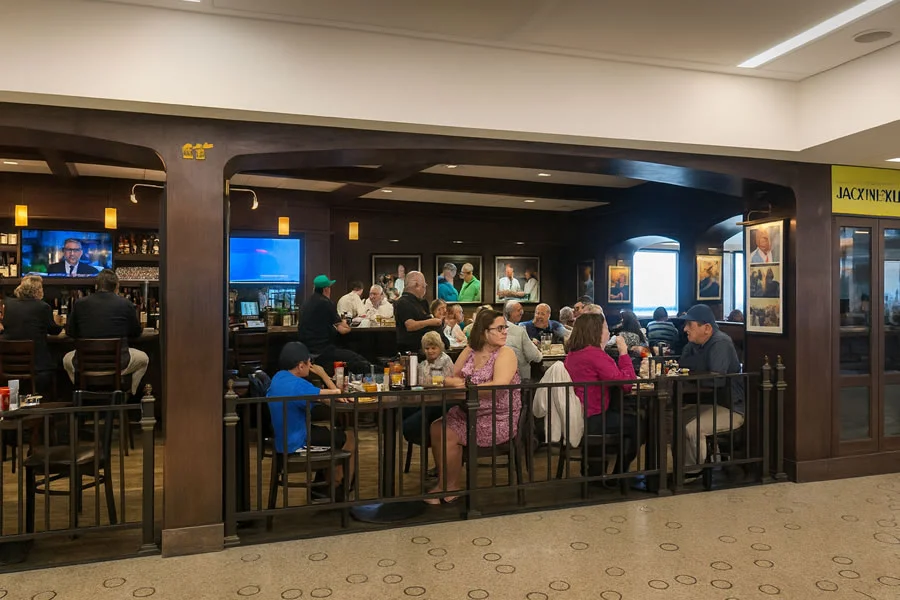 Jack Nicklaus restaurant at Fort Lauderdale Airport filled with diners enjoying meals and drinks.