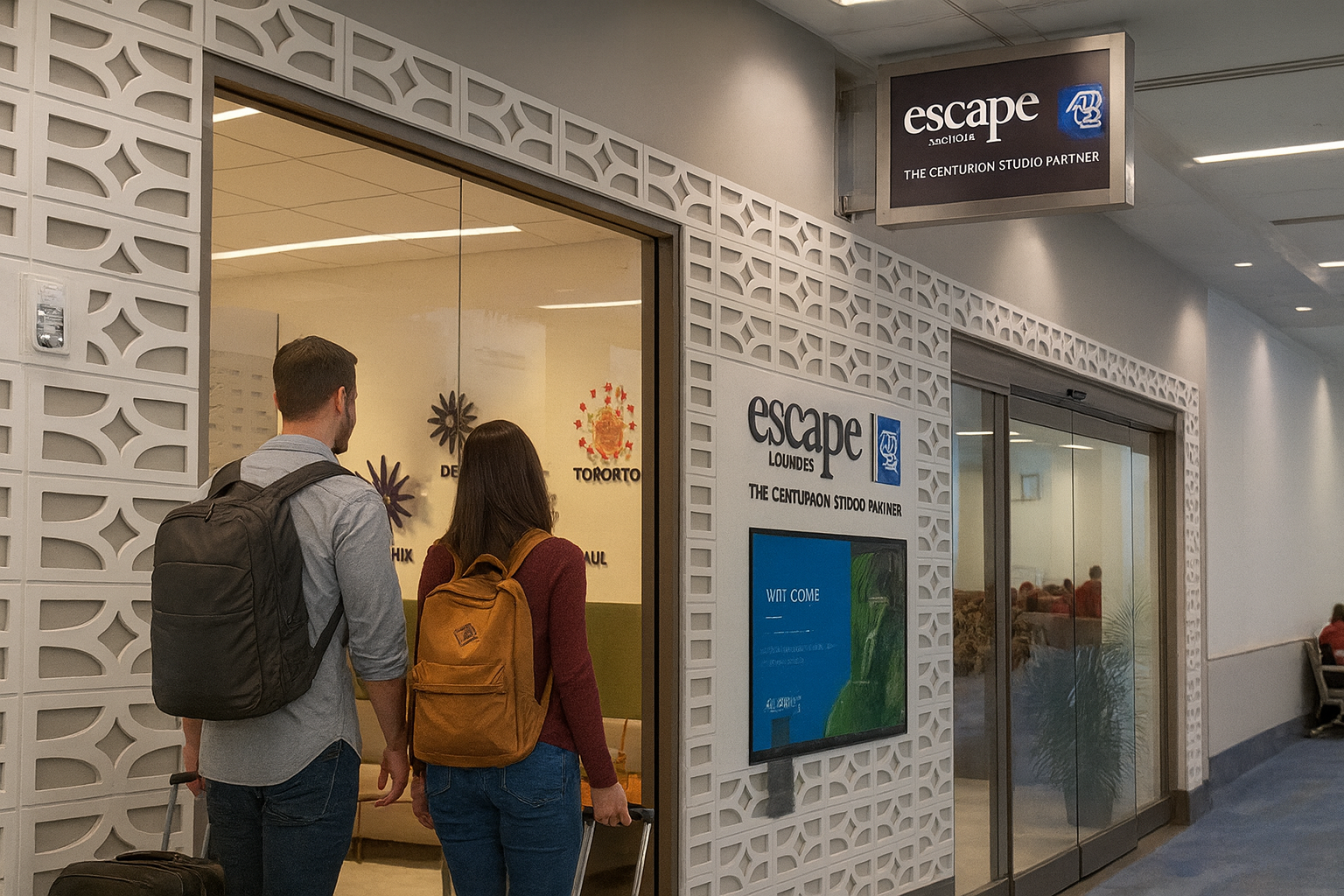 Couple with carry-on luggage entering Escape Lounge at Fort Lauderdale Airport.