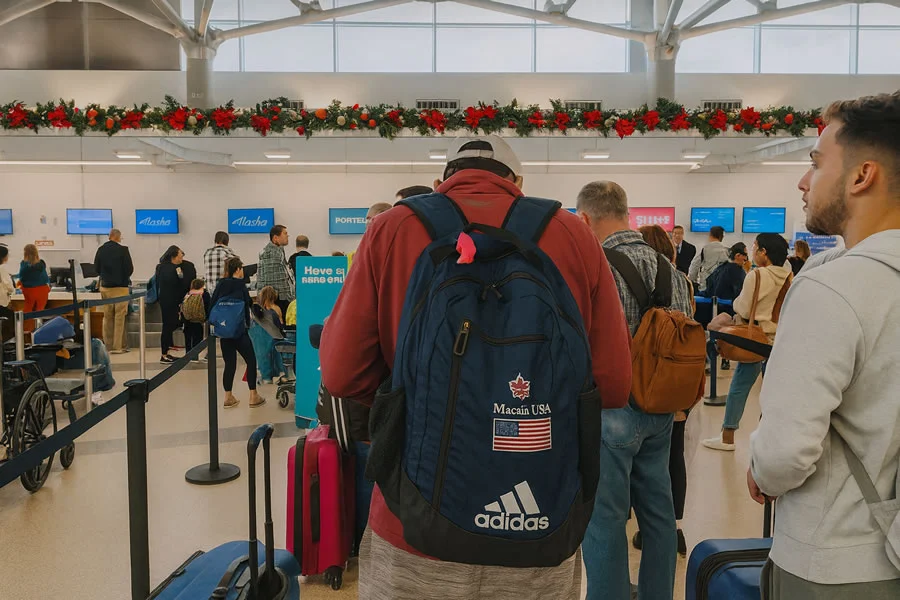 Holiday season check-in area at Fort Lauderdale Airport with passengers waiting in line under festive decorations