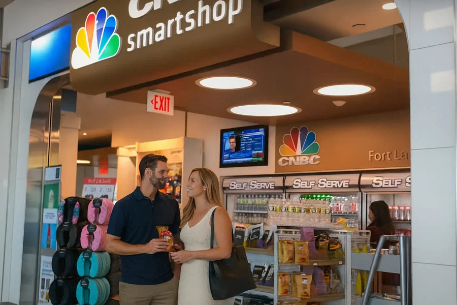 Couple shopping for snacks at CNBC Smartshop in Fort Lauderdale Airport terminal.