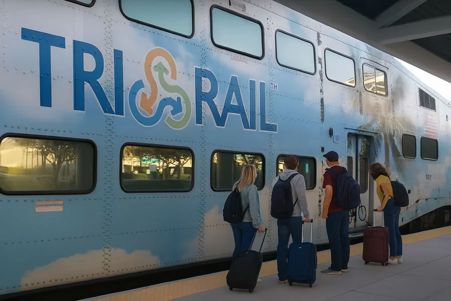 Passengers with luggage waiting to board Tri-Rail train at Fort Lauderdale Airport Station.